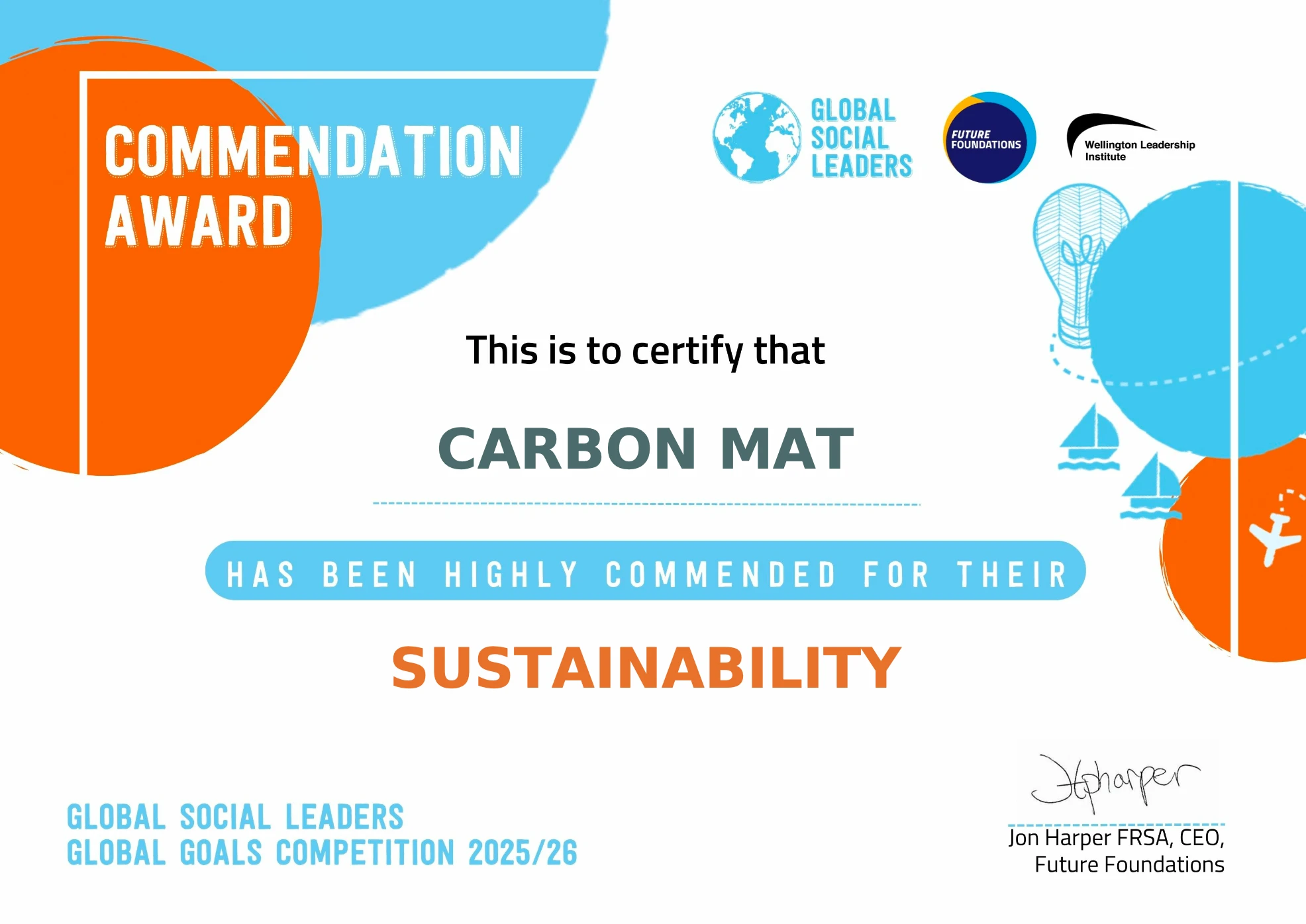 Commendation Award certificate: Carbon Mat, highly commended for sustainability, Global Social Leaders Global Goals Competition 2025/26